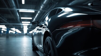 Fototapeta premium Sleek Black Sports Car in Modern Garage: Automotive Design, Luxury Vehicle, and Advanced Technology