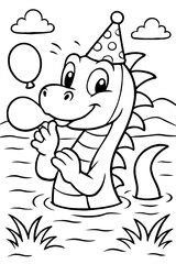 Cute smiling Loch Ness Monster wearing a party hat and blowing a balloon, a festive cartoon illustration.