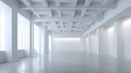 Obraz premium Bright and Minimalist White Loft Interior with Concrete Floors and Exposed Ceiling Beams for Creative Professionals