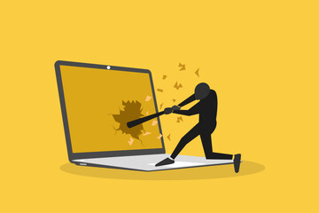 Crazy stressed businessman destroying his desk and laptop with a baseball bat, concept of job burnout, and pressure