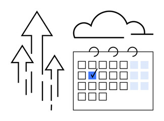 Calendar with marked date, upward arrows for progress, cloud symbol for digital planning. Ideal for planning, productivity, growth, deadlines, success, innovation flat simple metaphor