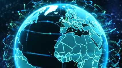 Glowing digital globe with neon blue lines connecting continents, abstract holographic map data connections across Europe, Asia, Middle East, illuminated map lines, vibrant blue light, representing - Powered by Adobe