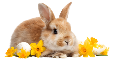 Easter bunny with daffodils and eggs, isolated on transparent background