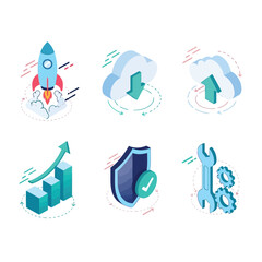 Fototapeta premium Vector illustration of set of isometric icons including a rocket, cloud download, cloud upload, bar chart, shield, and tools