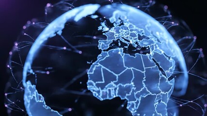 Holographic globe digital map data connection Europe Africa network technology futuristic glowing communication innovation global connectivity with abstract blue background, vibrant dynamic style - Powered by Adobe