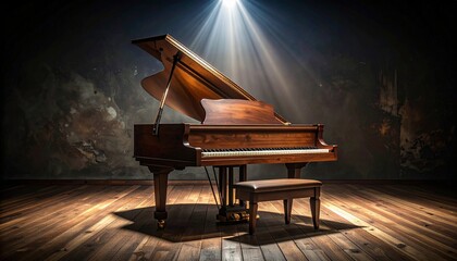 An isolated black grand piano is a classic musical instrument perfect for a concert stage, playing classical or jazz music