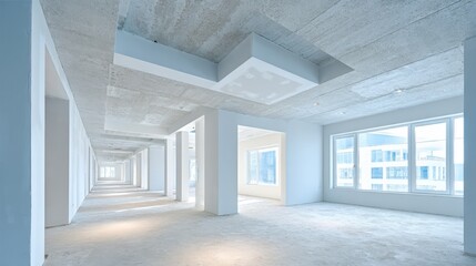 Unfinished Commercial Space Interior with Concrete Structure and Natural Light from Windows, Ideal for Development