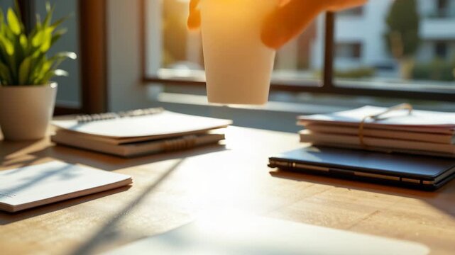 Morning Brew: A sunlit office desk scene, a hand holding a coffee cup, ready to kickstart the workday with a refreshing sip.