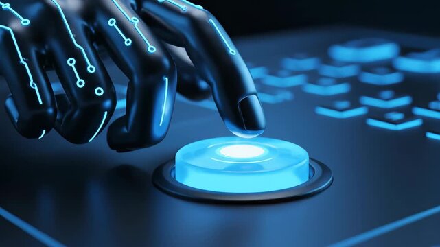 Animated hand digital finger pressing futuristic start button glowing blue console panel, showcasing cyber technology innovation, modern high tech excitement, electronic interface, sci fi robotics