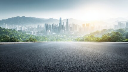 Fototapeta premium Urban Skyline Panorama with Empty Road in Foreground, Modern Cityscape Perspective