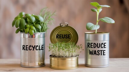 The image features three metal cans repurposed as planters, labeled "Recycle," "Reuse," and "Reduce Waste," promoting sustainable practices.