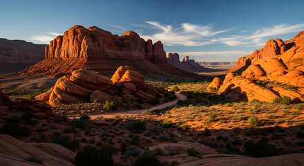 Golden hour sunlight bathes arches national park red rock formations