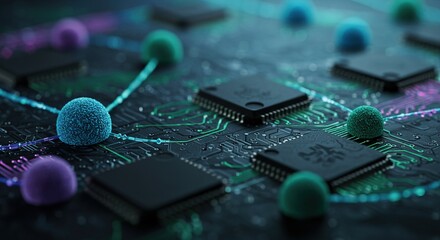 Dynamic abstract network of glowing circuits and digital nodes represents future technology and data flow