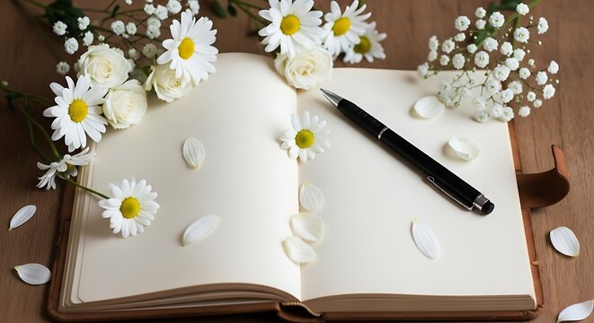 Open Book with Daisies and Pen.