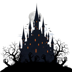 Spooky Haunted Castle with Zombie Hands and Full Moon - Halloween Illustration
