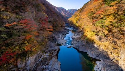 Autumn Mountain Vista with Blue River &ndash; Scenic Gorge Landscape Photography