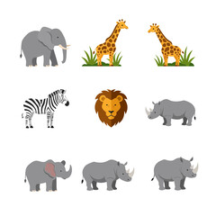 Obraz premium A collection of cartoon safari animals including elephants, giraffes, a zebra, a lion head, and rhinoceros in a flat design style.