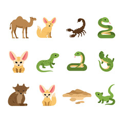 Fototapeta premium A collection of cartoon desert animals including camels, fennec foxes, scorpions, snakes, and lizards, with sand piles.