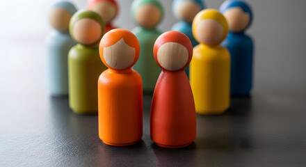 Colorful Wooden Peg Dolls Representing Diversity Teamwork Collaboration Community Unity Social Inclusion Togetherness Global Village Human Resources
