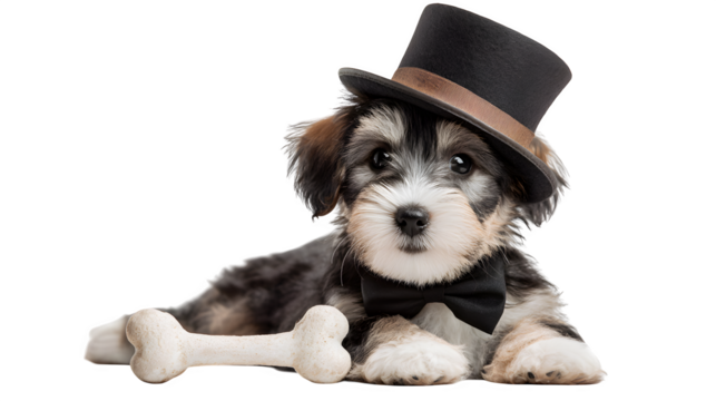 Dapper Puppy with Top Hat and Bowtie, isolated on transparent background