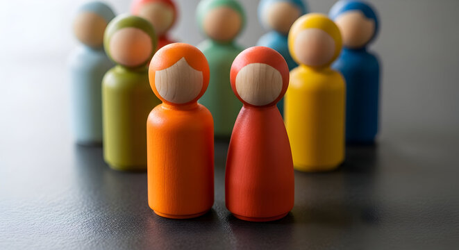 Colorful Wooden Peg Dolls Representing Diversity Teamwork Collaboration Community Unity Social Inclusion Togetherness Global Village Human Resources