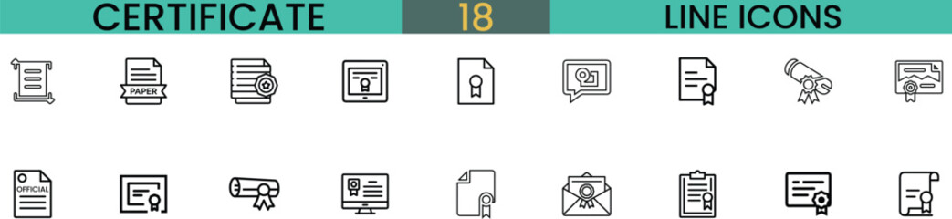 Collection of certificate related line icons for design projects vector