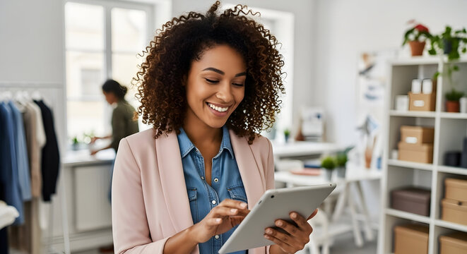 Smiling businesswoman using tablet in her modern office small business owner online entrepreneur success technology digital marketing startup ecommerce retail