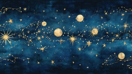 Celestial Dreamscape: A Night Sky Tapestry of Golden Stars and Moons