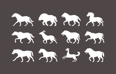 Fototapeta premium Horse silhouettes vector set with running, galloping, walking, trotting, wild horses, stallion, equestrian, pony, animal outlines