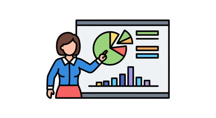 Woman presenting data on a screen with charts and graphs.