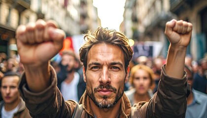 A determined man raises fists, leading a crowd down a blurry, sunlit street; faces focused, united, showing protest