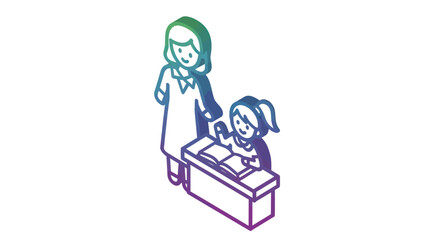 Colorful gradient line art illustration of a teacher helping a young student with her book at a desk.