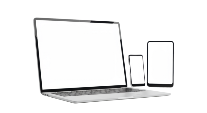 Sleek silver laptop and minimalist smartphone, white screens, on transparent studio surface with negative space, soft lighting. Concept of modern digital workflow and connectivity