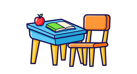 Cartoon School Desk with Apple and Open Book Accompanied by a Chair.