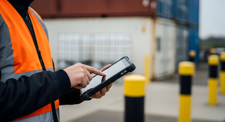 Logistics worker using tablet for inventory management at port cargo shipping