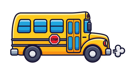 Cartoon Yellow School Bus with Stop Sign and Exhaust.