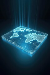 Futuristic glowing world map hologram projection emanates bright blue light from dark background