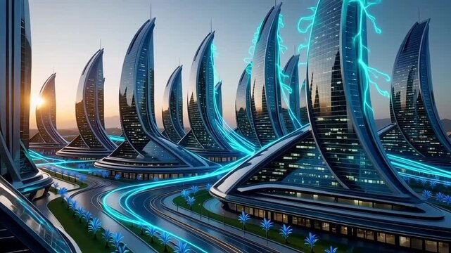 Futuristic city skyline glows with vibrant energy, showcasing innovative architectural design