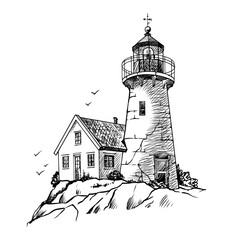 Lighthouse. Hand drawn sketch vector. Ancient architecture