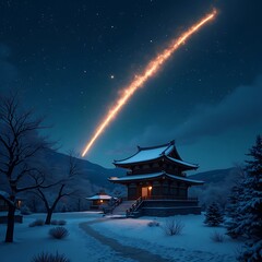 Night Sky with Shooting Star Over Traditional Building in Winter