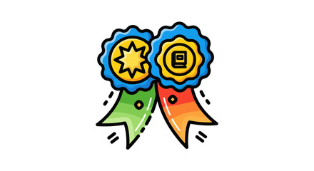 Two colorful award ribbons with star and book icons symbolizing achievement and recognition.