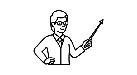 Line art illustration of a man with glasses holding a pointer stick.