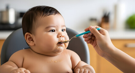 Adorable baby enjoying first solid foods happy healthy eating infant child mealtime nutrition parenthood feeding cute toddler delicious purees spoon