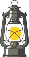 Vintage kerosene lantern with a yellow light on a plain background