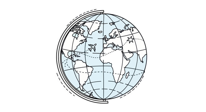 Hand-Drawn Outline World Globe with Latitude and Longitude Lines.
