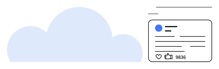Blue cloud accompanied by a digital social media post card with thumbs up count, comments, and lines of text. Ideal for cloud computing, digital networking, social media, communication, innovation