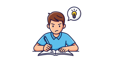 Cartoon Boy Writing with Pen and Having an Idea.