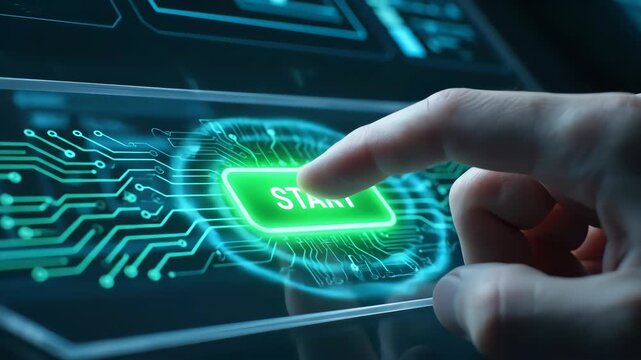 Close up animated hand pressing glowing start button futuristic interface, digital circuit background, technology innovation, blue light, modern touch screen, digital control, progress concept