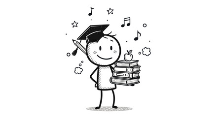 Cheerful stick figure graduate holding stack of books and pencil surrounded by musical notes and stars.