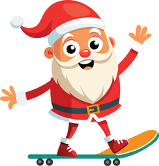 Funny cartoon santa claus character joyfully skating on a skateboard